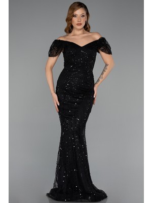 Abiyefon Kayık Yaka Boncuklu Uzun Balık Abiye Elbise ABU5404