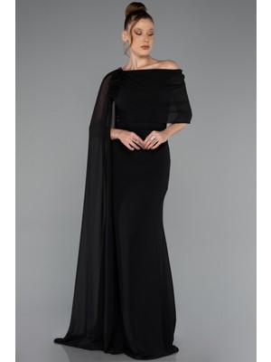 Abiyefon Pelerinli Tek Omuz Uzun Şifon Abiye Elbise ABU5418