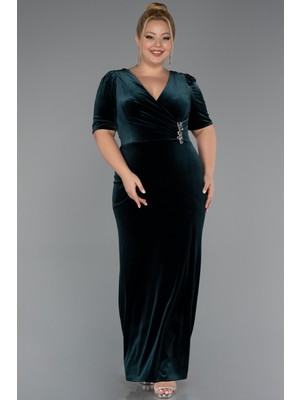 Abiyefon Kısa Kol Uzun Kadife Büyük Beden Abiye ABU5390