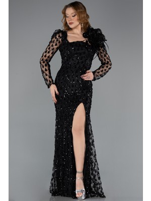 Abiyefon Dantelli Uzun Kol Pullu Abiye Elbise ABU5516