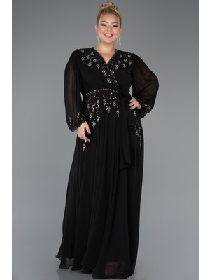 Abiyefon Taşlı Yaka Uzun Kol Şifon Büyük Beden Abiye ABU5360