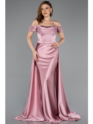 Abiyefon Kayık Yaka Kuyruklu Uzun Saten Balık Abiye ABU5507