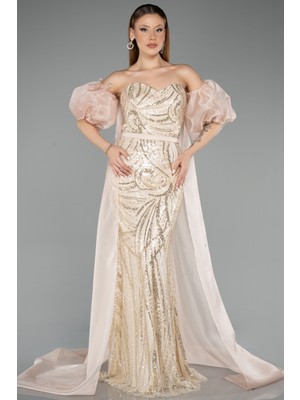 Abiyefon Straplez Pelerin Detaylı Boncuklu Uzun Abiye ABU5537