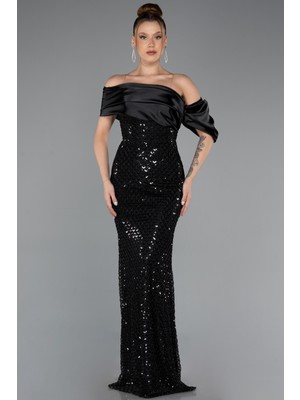 Abiyefon Saten Yaka Uzun Boncuklu Abiye Elbise ABU5434