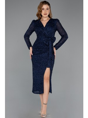 Abiyefon Uzun Kol Yırtmaçlı Midi Boncuklu Abiye Elbise ABK2466