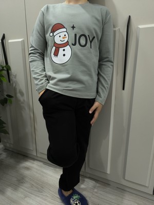 Pidal Giyim Kardan Adam Baskılı Pamuklu Uzun Kollu Unisex Çocuk Eşofman Takımı