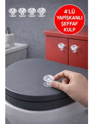 Toyfest 4'lü - 2026 Şeffaf Kristal Kulp – Yapışkanlı Mini Kapı Kulpu, Tuvalet Kapağı & Dolap Çekmece Kulbu