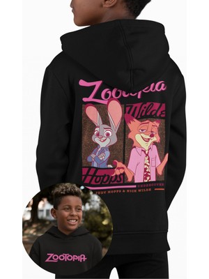 Fuddy Moda Hopps ve Wilde Sırt Baskılı Kapüşonlu Çocuk Sweatshirt, Unisex Zootapia Yazılı Hoodie