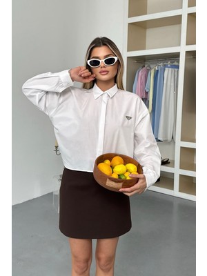 Kadın Uzun Kollu Aksesuar Detaylı Crop Gömlek Beyaz - 26Y 2126