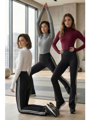 Pastelastore 3’lü Yüksek Bel Yan Şeritli Ispanyol Paça Kadın Tayt