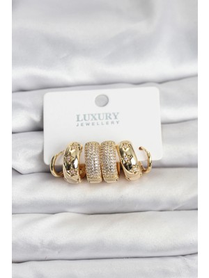 Butik Bfs Zirkon Taşlı Pirinç Gold Renk Halka Kadın Küpe Seti