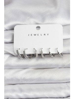 Callerrons Accessories Zirkon Taşlı Gümüş Renk Pirinç Kadın Küpe Seti - EBJ251219W38879