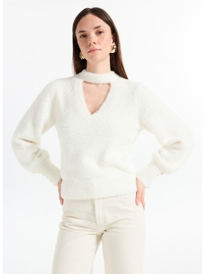 Guess V Yaka Standart Düz Beyaz Kazak Kadın Yuki Kadın Triko