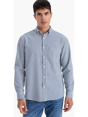 DeFacto Regular Fit Polo Yaka Çizgili Krinkıl Uzun Kollu Gömlek G5333AX25WN