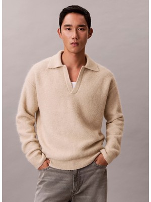 Calvin Klein Beyaz Erkek Bisiklet Yaka Normal Kazak LV04LD307GPD7_LS Brushed Alpaca Joh