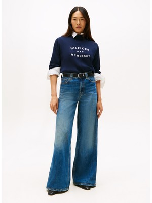 Tommy Hilfiger Mavi Kadın Dik Yaka Standart Baskılı Kazak WW0WW46779C1G