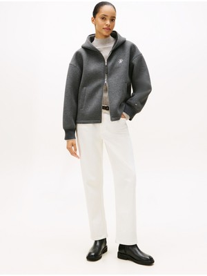 Tommy Hilfiger Gri Kadın Kapüşonlu Standart Nakışlı Sweatshirt WW0WW46815P61