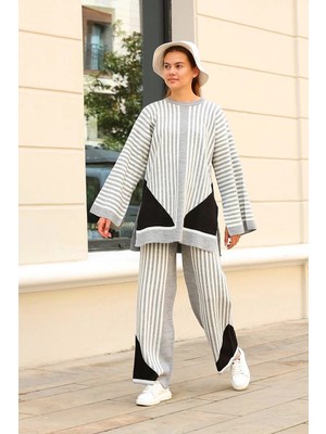 Zengezur Mall Ozlstor Çizgili Bisiklet Yaka Triko Takım Gri (Beden: Standart)