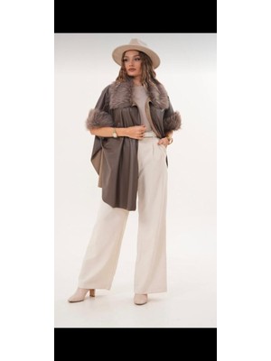 Akkaya Pazarlama Yaka ve Kol Suni Kürk Detaylı 38 - 48 Beden Uyumlu Deri Kısa Panço