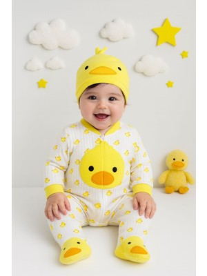 Aki Moda Kids Kız Erkek Civcivli Tulum Şapkalı 2 Li Set Pamuklu Takım