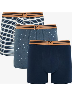 Penti Erkek Geometrik Desenli P Logolu Orta Bel 3'lü Örme Boxer