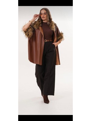 Akkaya Pazarlama Yaka ve Kol Suni Kürk Detaylı 38 - 48 Beden Uyumlu Deri Kısa Panço