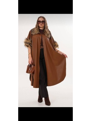 Akkaya Pazarlama Yaka ve Kol Suni Kürk Detaylı 38 - 48 Beden Uyumlu Deri Uzun Panço