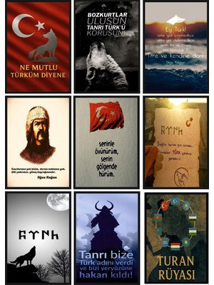 Exin Türk Destanı ve Bozkurt Temalı 9’lu Ahşap Poster Seti