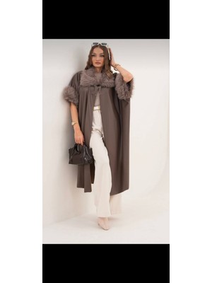 Akkaya Pazarlama Yaka ve Kol Suni Kürk Detaylı 38 - 48 Beden Uyumlu Deri Uzun Panço