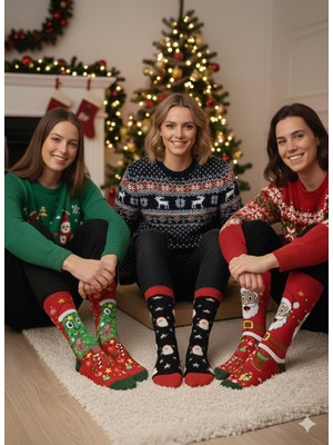 Biricik İç Giyim Yeni Yıl, Yılbaşı, Noel, Geyikli, Renkli Soket Çoraplar 3 Lü Paket (3 Adet)