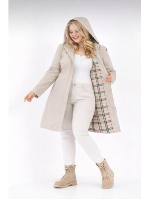 TUTveAL Collection Kadın Suya Dayanıklı Büyük Beden Trençkot Uzun Kapüşonlu Trençkot Bonded Kumaş Içi Ekoseli Trençkot