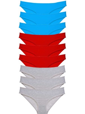 Marsilyan 9 Adet Süper Eko Set Likralı Kadın Slip Külot Kırmızı Gri Mavi