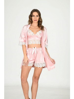 Sistina Ozlstor Pudra Kadife Dantelli Sabahlık & Gecelik Takım 3' Lü - 1438 - Beden Xl