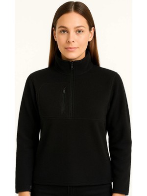 Fresco Scarfs Polar Kazak – Dik Yaka, Yarım Fermuarlı, Fermuarlı Göğüs Cepli, Siyah Biyeli, Kışlık Rahat Regular Fit Günlük Model - Siyah