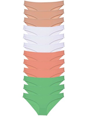 Marsilyan 12 Adet Süper Eko Set Likralı Kadın Slip Külot Ten Beyaz Pudra Yeşil