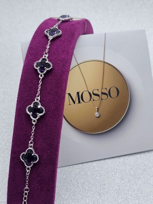 Mosso Steel Gümüş Siyah Mor Renk Camlı Yonca Model Çelik Bileklik