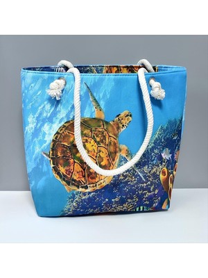 Zero Ozlstor Kaplumbağa Desenli Plaj Çantası-Mavi