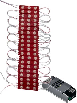 Powerr Led Aydınlatma 20 Adet 12 Volt 1.2 Watt 3 Lensli Kırmızı 2835 Smd LED Modül IP65 5A Slim Trafo Set