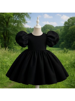 Musgem Özel Tasarım Siyah Renk Balon Kol Fiyonk Detaylı Kız Çocuk Abiye Elbise