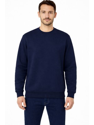 Justas Erkek Lacivert Üçiplik Şardonlu Bisiklet Yaka Sweat