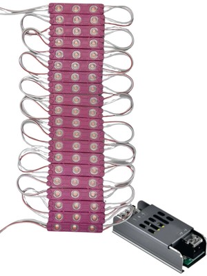 Powerr Led Aydınlatma 20 Adet 12 Volt 1.2 Watt 3 Lensli Pembe 2835 Smd LED Modül IP65 5A Slim Trafo Set