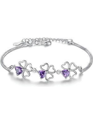 Kumi 925 Ayar Gümüş Yonca Figürlü Kalpli Mor Taşlı Kadın Bileklik Sevgililer Günü Sevgiliye Hediyelik