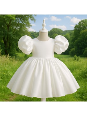 Musgem Özel Tasarım Beyaz Renk Balon Kol Fiyonk Detaylı Kız Çocuk Abiye Elbise