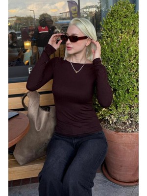 Madmext Acı Kahve Kayık Yaka Uzun Kollu Body MG2627