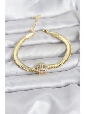 Tp 316L Çelik Gold Renk Baget Zirkon Taşlı Yılan Zincirli Kadın Bileklik - Lisinya