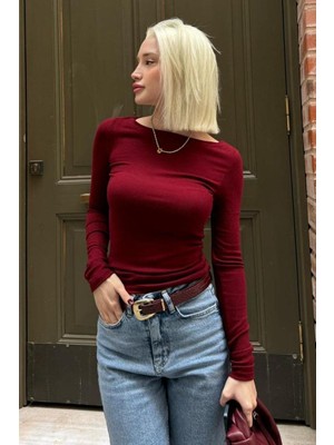 Madmext Bordo Kayık Yaka Uzun Kollu Body MG2627