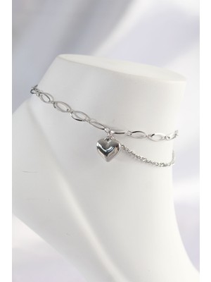 Tp 316L Çelik Gümüş Renk Kalp Tasarımlı Halhal - Lisinya