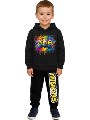 Sedirli Mınıons Baskılı Çocuk Eşofman Takımı 3 Iplik Şardonlu Pamuklu Kumaş Kapüşonlu