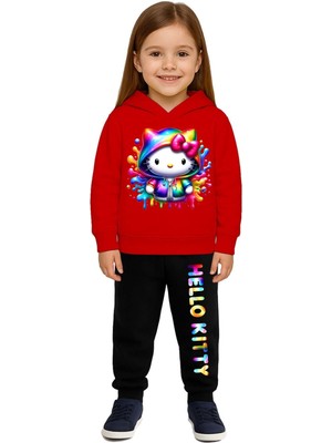 Sedirli Hello Kity Baskılı Çocuk Eşofman Takımı 3 Iplik Şardonlu Pamuklu Kumaş Kapüşonlu