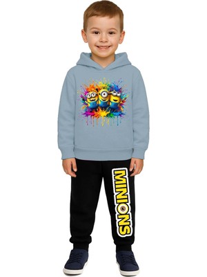 Sedirli Mınıons Baskılı Çocuk Eşofman Takımı 3 Iplik Şardonlu Pamuklu Kumaş Kapüşonlu